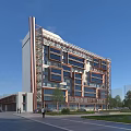Contemporary Office Building Featuring Glass Curtain Walls Metal Framework And Roadside Landscaping