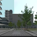 Modern Office Building Architecture With Glass Curtain Walls Parking Area And Surrounding Trees