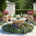 Garden Ornaments Featuring Stone Fountain Flower Pots and Pink Purple Flowers with Lush Greenery