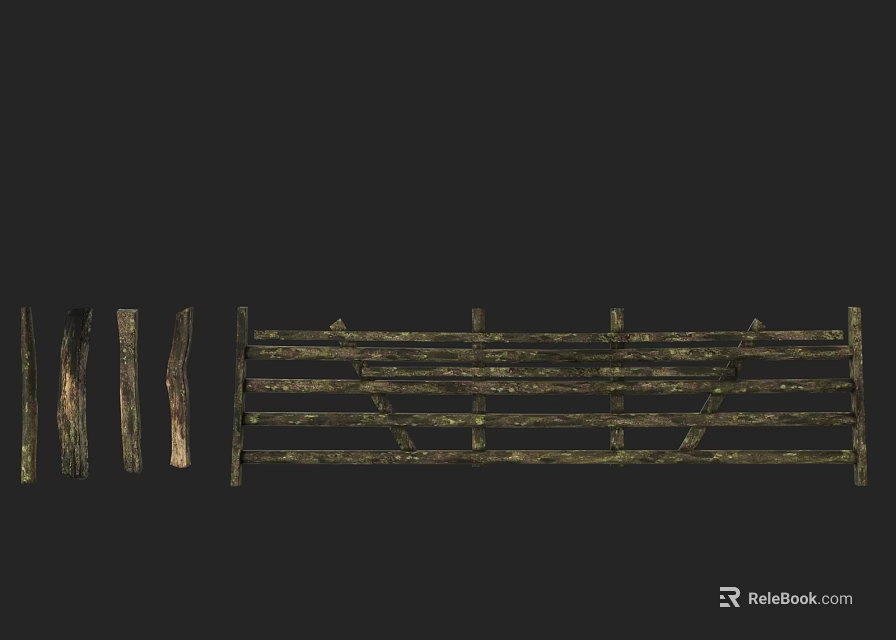 Stone and Wood Garden Fence with Rustic Wooden Rails and Stone Posts 3d model 