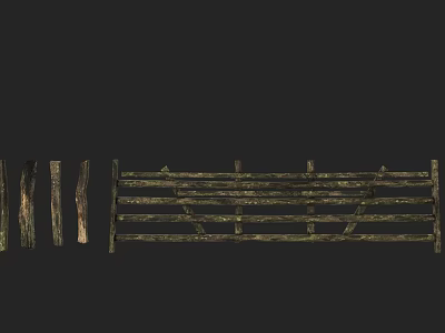 Stone and Wood Garden Fence with Rustic Wooden Rails and Stone Posts 3d model