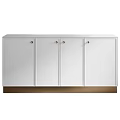White Cabinet With Golden Base And Drawers Featuring Round Golden Handles