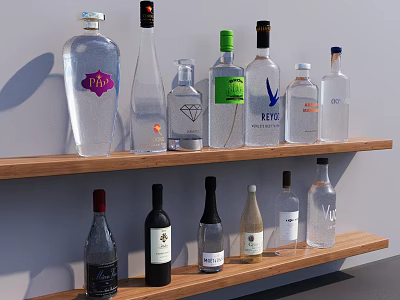 Various Liquor Bottles Displayed On Wooden Shelves With Different Shapes Colors And Labels 3d model