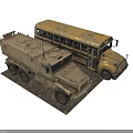 Military Armored Truck And Rusty School Bus Vehicle Models On White Background