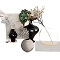 Modern Bonsai Pot with Black Vases Transparent Glass Dried Flowers and Books