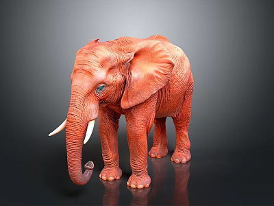 Red Elephant Model Standing With White Tusks On Black Background With Reflection 3d model