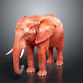 Red Elephant Model Standing With White Tusks On Black Background With Reflection
