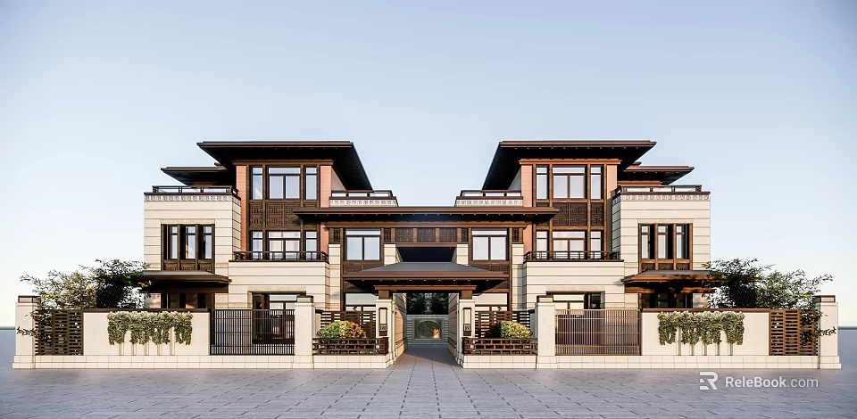Elegant Semi Detached Villa Exterior With Traditional Roof Stone Walls And Symmetric Gardens 3d model 