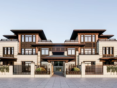 Elegant Semi Detached Villa Exterior With Traditional Roof Stone Walls And Symmetric Gardens 3d model