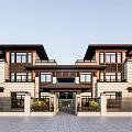 Elegant Semi Detached Villa Exterior With Traditional Roof Stone Walls And Symmetric Gardens