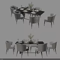 Modern Dining Table Set With Black Tabletop Six Chairs Flower Arrangement And Tableware Decor 3d model