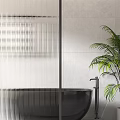 Elegant Bathroom Glass Partition With Textured Surface Black Bathtub And Green Plant