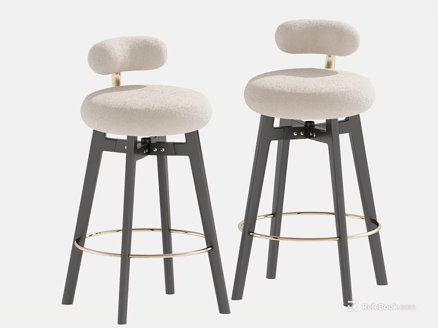Modern Bar Stools With Light Upholstered Seats Dark Legs And Golden Ring Accents 3d model 