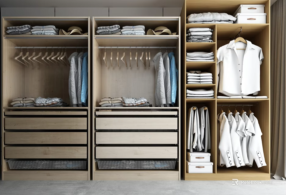 Modern Wooden Wardrobe Interior Design With Hanging Rods Drawers Shelves And Organized Clothes Storage 3d model 