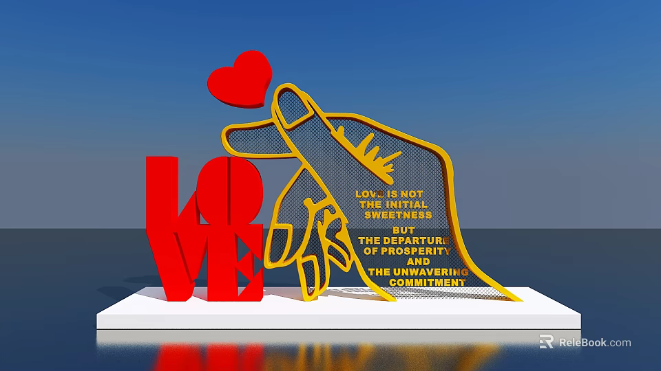 Red LOVE And Yellow Hand Sculpture Photo Spot With Pointing Red Heart And Inscribed Text 3d model 