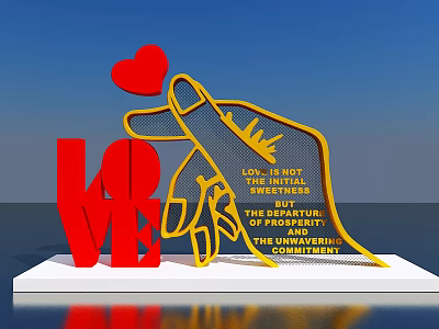 Red LOVE And Yellow Hand Sculpture Photo Spot With Pointing Red Heart And Inscribed Text 3d model