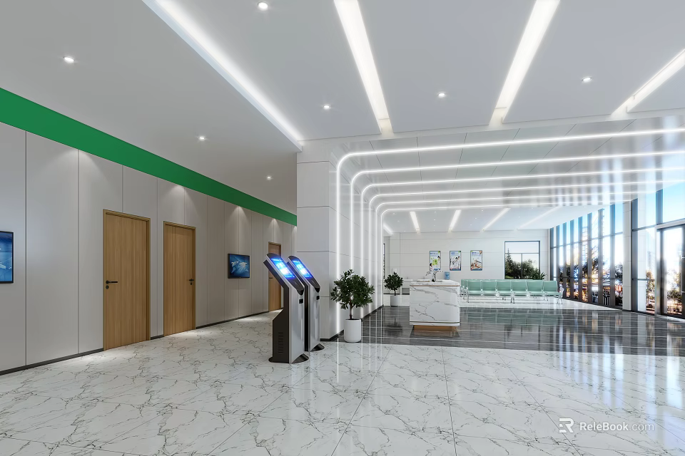 Modern Reception Desk With Marble Floor White Walls Green Accent Self Service Kiosks And Plants 3d model 