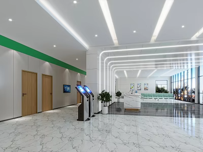 Modern Reception Desk With Marble Floor White Walls Green Accent Self Service Kiosks And Plants 3d model