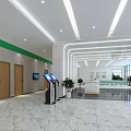Modern Reception Desk With Marble Floor White Walls Green Accent Self Service Kiosks And Plants