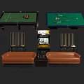 Game Room With Pool Tables Arcade Machine And Comfortable Brown Sofas 3d model