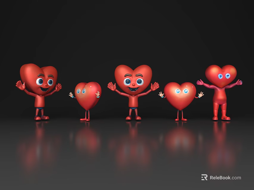 Five Red Heart Shaped Game Movie Characters With Smiling Faces Standing Poses Black Background Reflections 3d model 