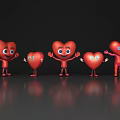 Five Red Heart Shaped Game Movie Characters With Smiling Faces Standing Poses Black Background Reflections