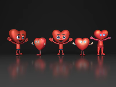 Five Red Heart Shaped Game Movie Characters With Smiling Faces Standing Poses Black Background Reflections 3d model