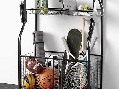 Sports Equipment Storage Rack With Various Balls Rackets Skateboard And Helmet 3d model