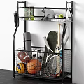 Sports Equipment Storage Rack With Various Balls Rackets Skateboard And Helmet