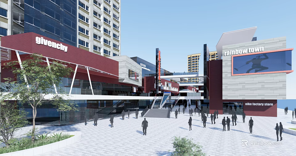 Bustling Modern Commercial Street with Pedestrian Flow Theatre Buildings and Shopping Facilities 3d model 