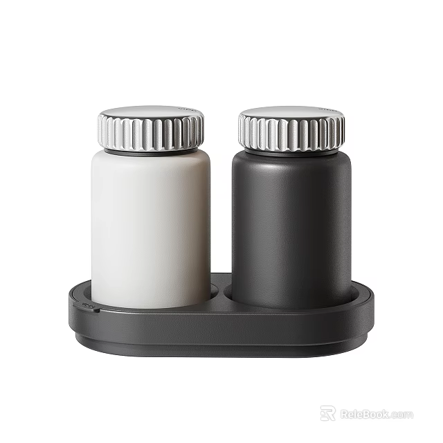 Two White And Black Spice Jars On Black Tray For Kitchen Countertop Use 3d model 