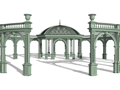 Ornate Green Pergola With Arched Columns And Intricate Roof Design Structure 3d model
