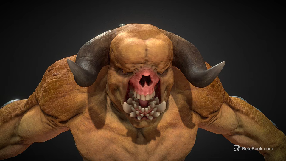 Game Movie Monster Character With Brown Skin Large Horns Sharp Teeth And Muscular Body 3d model 