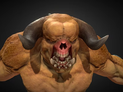 Game Movie Monster Character With Brown Skin Large Horns Sharp Teeth And Muscular Body 3d model