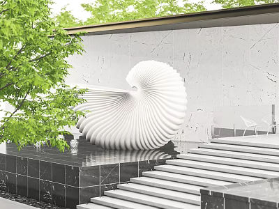 White Spiral Sculpture In Outdoor Space With Stone Steps Green Plants And Marble Wall 3d model