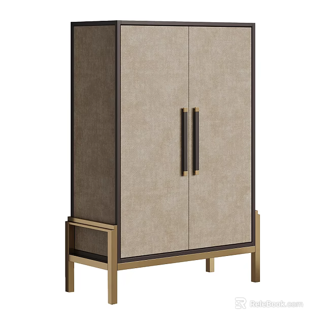 Modern Wardrobe Interior With Beige Fabric Panels Gold Handles And Metal Legs 3d model 