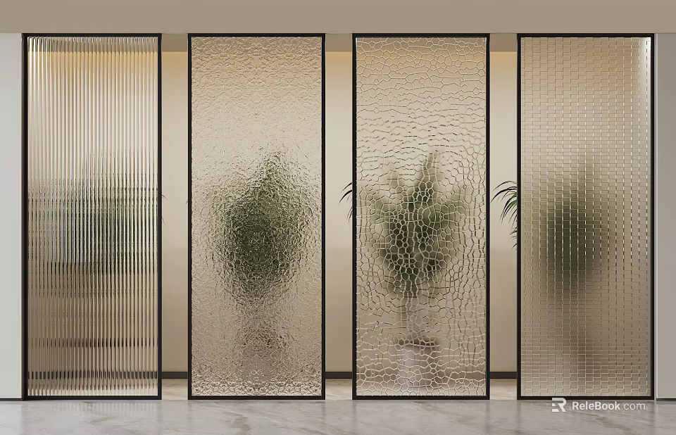 Modern Glass Room Divider with Different Textures and Potted Plants for Interior Design 3d model 