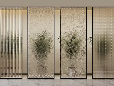 Modern Glass Room Divider with Different Textures and Potted Plants for Interior Design 3d model