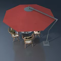 Red Outdoor Parasol With Four Chairs And Round Dining Table Setup 3d model