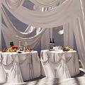 Elegant Indoor Event Setting With White Drapes Tables Fruits Wine And Skylight Shadows