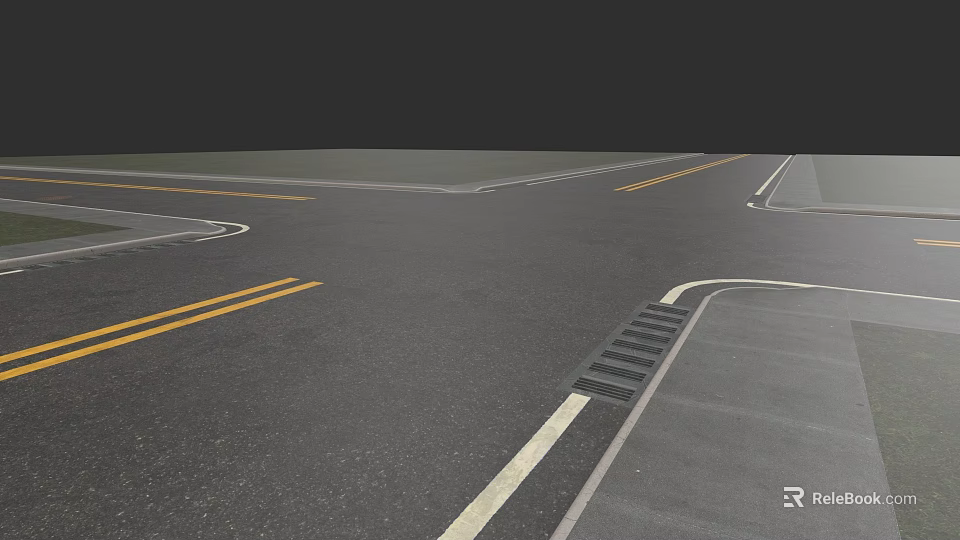 Well Constructed Municipal Road Pavement With Yellow White Lane Markings And Drainage Grates 3d model 