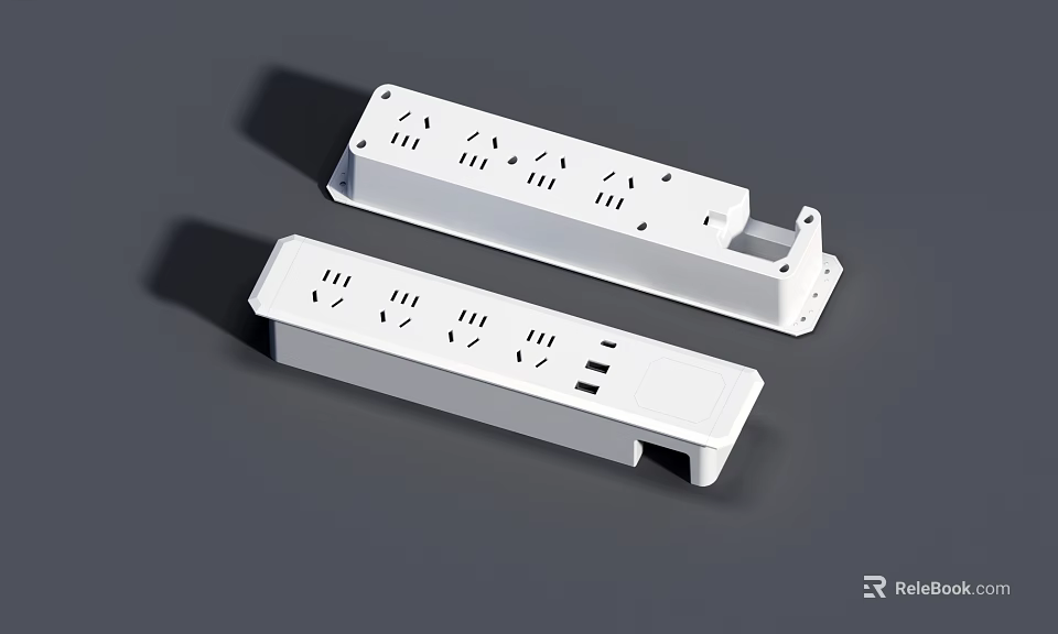 Two White Power Strips With Multiple Outlets And Different Designs 3d model 