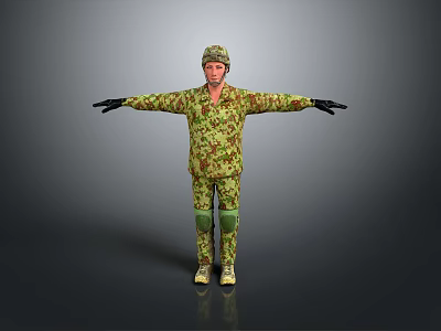 Man Wearing Camouflage Uniform Hat And Knee Pads Standing With Arms Outstretched On Grey Background 3d model