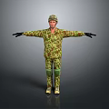 Man Wearing Camouflage Uniform Hat And Knee Pads Standing With Arms Outstretched On Grey Background