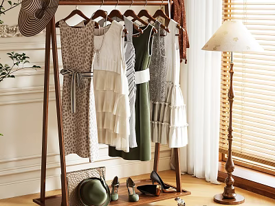 Wooden Clothes Rack Hanging Dresses With Hat Shoes Near Lamp By Window Interior 3d model