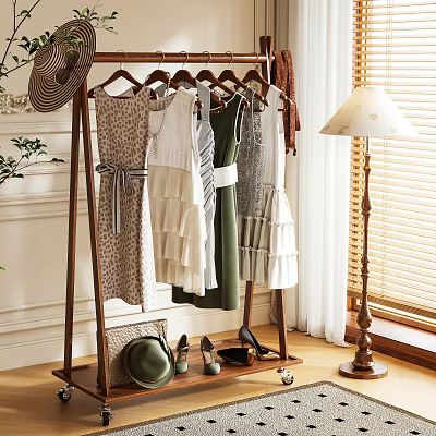 Wooden Clothes Rack Hanging Dresses With Hat Shoes Near Lamp By Window Interior 3d model