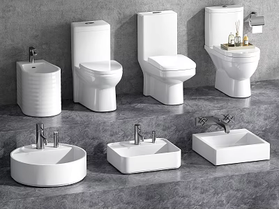 Different Styles of Modern White Toilets Displayed in Bathroom Interior 3d model