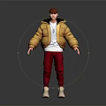 Stylish 3D Character With Golden Puffer Jacket White Inner Shirt Red Pants And Beige Shoes