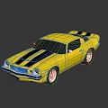 Classic Yellow Two Door Muscle Car Exterior With Black Stripes And White Wheels