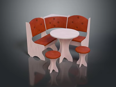 Simple Dining Table Set With Wooden Frame Red Cushioned Seats Round White Tabletop And Stool 3d model